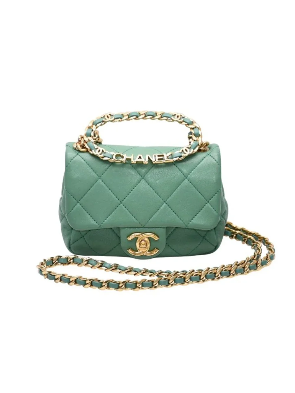 Chanel Mini Quilted Oval Logo Chain Handle Flap Bag Stand Lambskin Green Gold